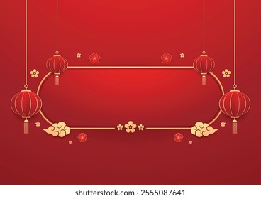 Happy Chinese new year 2025. Chinese new year banner for show product. Greeting card. China frame with lantern on red background.