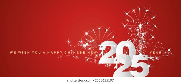 Happy Chinese New Year 2025 event new elegant style white silver numbers in shape of snakes on red background. 2025 Chinese year of the snake greeting card