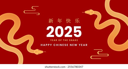 Happy Chinese New Year 2025 year of the snake. Lunar new year with snake zodiac illustration on red background. Vector design. Chinese translation: Happy chinese new year