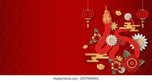 Happy Chinese New Year 2025. Snake zodiac with abstract flowers, year of the snake. Vector illustrator EPS10