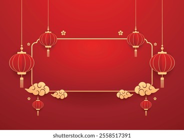 Happy Chinese new year 2025. Chinese new year banner for show product. Greeting card. China frame with lantern on red background.
