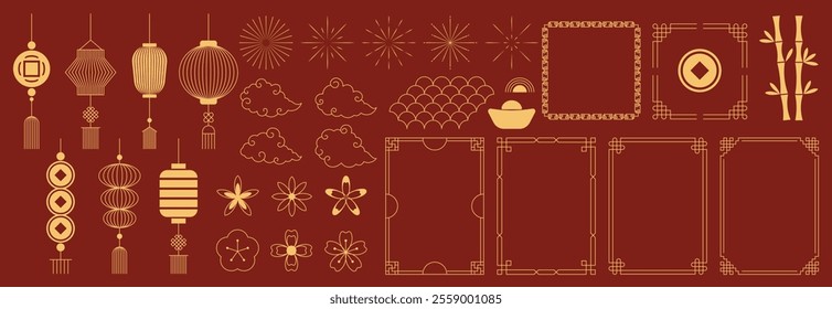 Happy Chinese New Year 2025 Icons vector set. Lanterns, frame, firework, wave, cloud, coin, cherry blossom flower, bamboo isolated icons of Asian Lunar New Year holiday decoration vector.