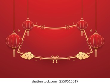 Happy Chinese new year 2025. Chinese new year banner for show product. Greeting card. China frame with lantern on red background.