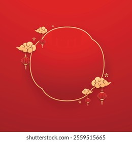 Happy Chinese new year 2025. Chinese new year banner for show product. Greeting card. China frame with lantern on red background.