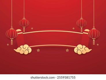 Happy Chinese new year 2025. Chinese new year banner for show product. Greeting card. China frame with lantern on red background.