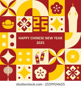 Happy Chinese New Year 2025 poster. This is a vector Chinese New Year design for a poster, bunting, banner, backdrop, and background. Year of snake 2025