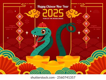 Happy Chinese New Year 2025 Vector Illustration. Translation: Year of the Wood Snake, featuring Snakes, and Traditional Chinese Elements in Background