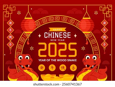 Happy Chinese New Year 2025 Vector Illustration. Translation: Year of the Wood Snake, featuring Snakes, and Traditional Chinese Elements in Background