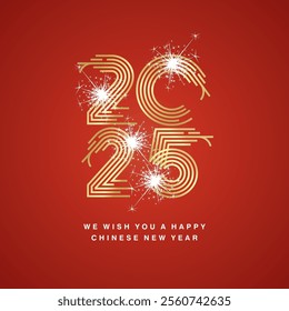 Happy Chinese New Year 2025 modern new trendy golden pop line design typography. Abstract numbers in the shape of snakes with white sparke firework. 2025 vector logo icon on red background