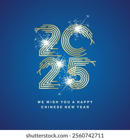 Happy Chinese New Year 2025 modern new trendy golden pop line design typography. Abstract numbers in the shape of snakes with white sparke firework. 2025 vector logo icon on blue background