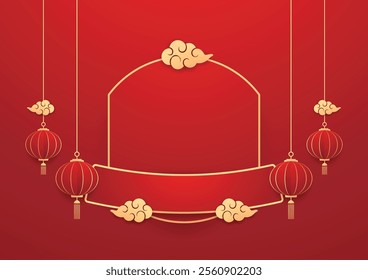 Happy Chinese new year 2025. Chinese new year banner for show product. Greeting card. China frame with lantern on red background.