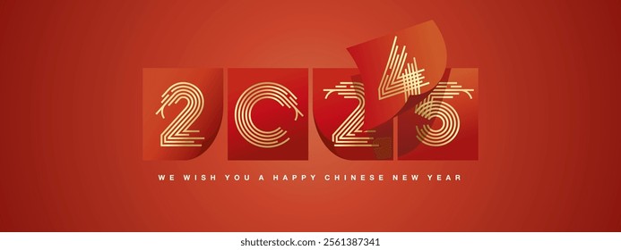 Happy Chinese New Year 2025 greeting card design template on red background. End year of dragon 2024. New Year of snake 2025 start concept. Calendar pages turn in the wind and the new year begins