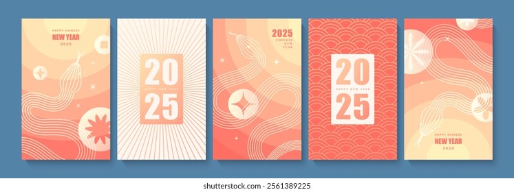 Happy Chinese New Year 2025, year of the snake. Set of greeting cards with snakes, Chinese patterns and design elements. Collection of modern vector illustrations for postcards, covers, posters and