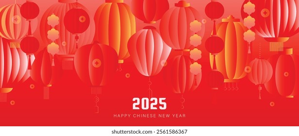 Happy Chinese new year 2025 background vector. Year of the snake design wallpaper with lantern, coin. Modern luxury oriental illustration for cover, banner, website, envelope.