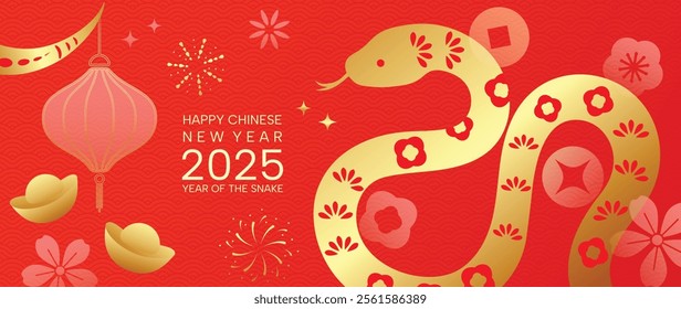 Happy Chinese new year 2025 background vector. Year of the snake design wallpaper with lantern, snake, firework, pattern. Modern luxury oriental illustration for cover, banner, website, envelope.