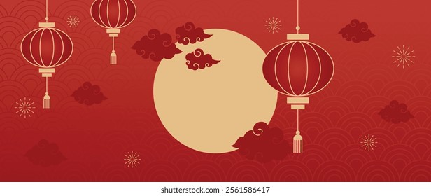 Happy Chinese new year 2025 background vector. Year of the snake design wallpaper with lantern, moon, cloud, pattern. Modern luxury oriental illustration for cover, banner, website, envelope.