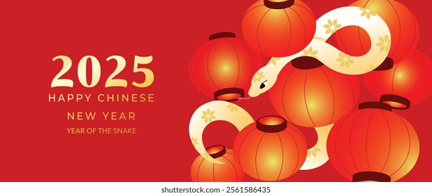 Happy Chinese new year 2025 background vector. Year of the snake design wallpaper with lantern, snake. Modern luxury oriental illustration for cover, banner, website, envelope.