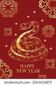 Happy chinese new year 2025, year of the snake, modern luxury hand drawn, design in red, gold colors for card, poster,banner, Template.