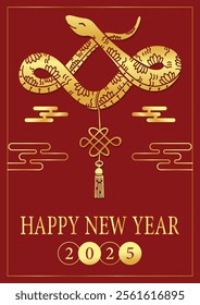 Happy chinese new year 2025, year of the snake, modern luxury hand drawn, design in red, gold colors for card, poster,banner, Template.