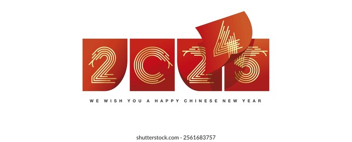 Happy Chinese New Year 2025 greeting card design template on white background. End year of dragon 2024. New Year of snake 2025 start. Calendar pages turn in the wind new year begins