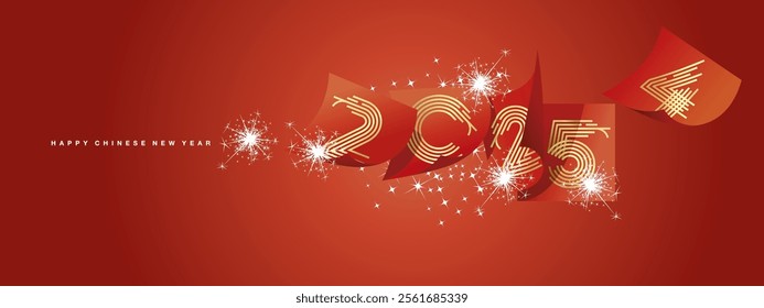 Happy Chinese new year 2025 and the end Year of Dragon 2024. Winter holiday greeting card design template on red background. New year of snake 2025 and the end of 2024 calendar sheets and sparkle fire