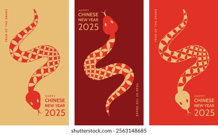 Happy Chinese New Year 2025. Set of greeting cards. Chinese zodiac Snake symbol. Lunar New Year. Vector design.