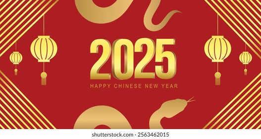 Happy Chinese New Year 2025 Snake,Chinese zodiac Snake symbol with gold Graphics elements Banner, poster, post design modern design in red, gold colors for card, banner