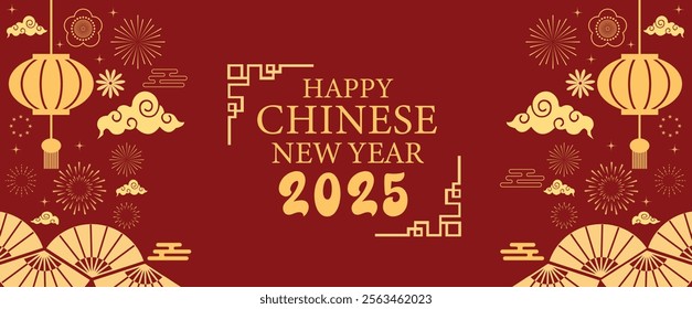 Happy Chinese New Year 2025 Snake,Chinese zodiac Snake symbol with gold Graphics elements Banner, poster, post design modern design in red, gold colors for card, banner