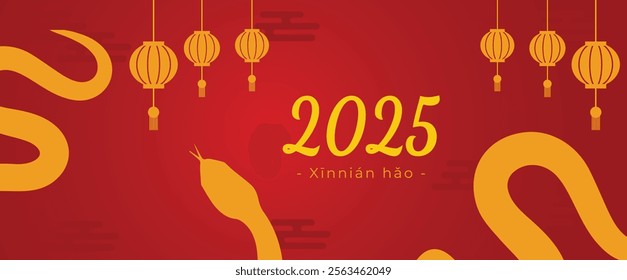 Happy Chinese New Year 2025 Snake,Chinese zodiac Snake symbol with gold Graphics elements Banner, poster, post design modern design in red, gold colors for card, banner