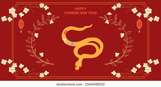 Happy Chinese New Year 2025 vector background. Year of the snake design wallpaper with Chinese patterns, flower, lanterns. Modern luxury oriental illustration for cover, banner, website, envelope