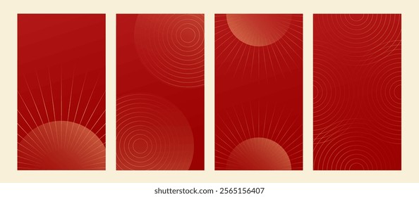 Happy Chinese new year 2025 , modern design set in red, gold and white colors , Year of the Snake , Asia oriental traditional ornament, frame and border ,	
