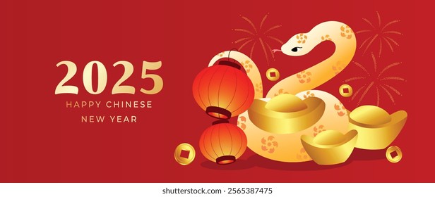 Happy Chinese new year 2025 background vector. Year of the snake design wallpaper with lantern, snake, gold ingot, firework. Modern luxury oriental illustration for cover, banner, website, envelope.