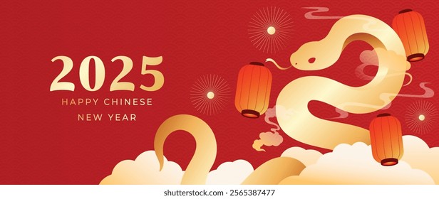 Happy Chinese new year 2025 background vector. Year of the snake design wallpaper with lantern, gold snake, cloud, firework. Modern luxury oriental illustration for cover, banner, website, envelope.