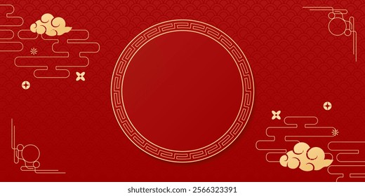 Happy Chinese new year 2025 , modern design set in red, gold and white colors , Year of the Snake , Asia oriental traditional ornament, frame and border ,	
