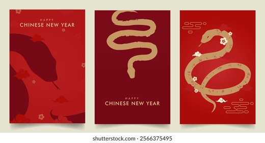 Happy Chinese new year 2025 set background vector. Modern luxury year of the snake design with oriental Chinese pattern, could and flower. For cover, banner, website, card