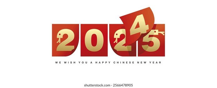 Happy Chinese New Year 2025 greeting card design template on white background. 2025 Year of the snake start concept. Red calendar pages turn in the wind and the new year begins