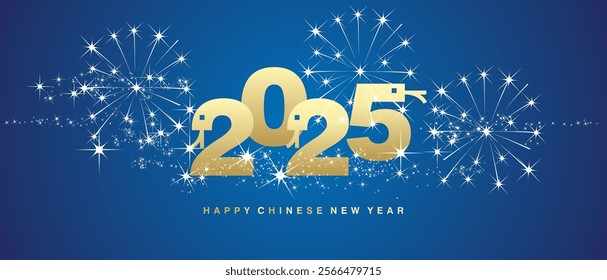 Happy Chinese New Year 2025 shining firework elegant golden typography numbers in shape of snakes on blue background. 2025 Chinese year of the snake greeting card