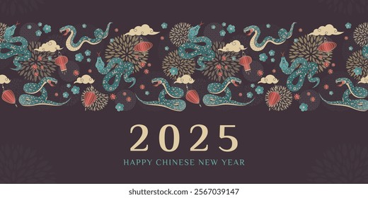 Happy Chinese New Year 2025 design. Snake, lanterns and clouds ornament in geometric style on brown back. Traditional motifs, vintage colors. Vector illustration for greeting card, banner, background