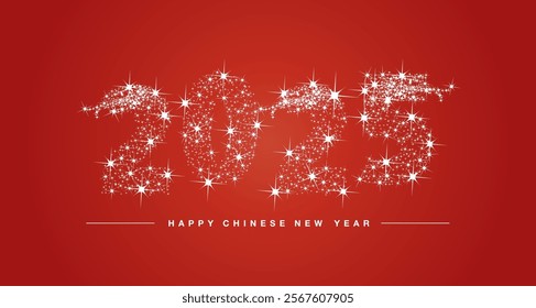 Happy Chinese New Year 2025. Numbers tipography with many stars and stardust in the shape of 2025 year of the snake on red background