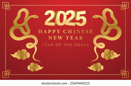 Happy Chinese new year 2025 background vector. Year of the snake design wallpaper with Chinese pattern, gold hanging lantern. Modern luxury oriental illustration for cover, banner, website, envelope.