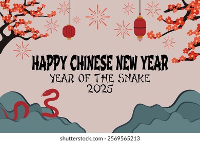 Happy chinese new year 2025 year of the Snake. Red Snake illustration and lantern. With Chinese style font vector designs with chinese tree background. Lunar new year concept modern vector design