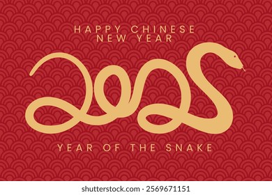 Happy chinese new year 2025 year of the Snake. Snake shape of 2025 illustration red and gold color. With Chinese pattern style background template for card, poster, banner or print