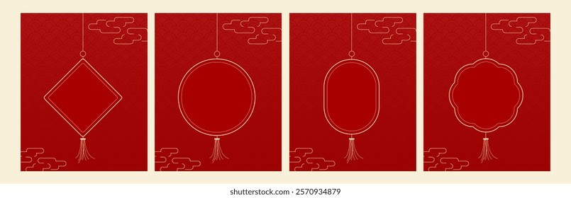 Happy Chinese new year 2025 , modern design set in red, gold and white colors , Year of the Snake , Asia oriental traditional ornament, frame and border ,	
