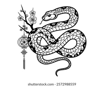 Happy Chinese New Year 2025! The snake zodiac sign with flowers, lanterns, and Asian elements in vector art style on a white background. Translation: Happy New Year 2025, the year of the snake.