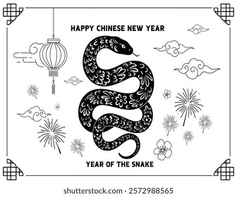Happy Chinese New Year 2025! The snake zodiac sign with flowers, lanterns, and Asian elements in vector art style on a white background. Translation: Happy New Year 2025, the year of the snake.