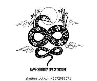 Happy Chinese New Year 2025! The snake zodiac sign with flowers, lanterns, and Asian elements in vector art style on a white background. Translation: Happy New Year 2025, the year of the snake.
