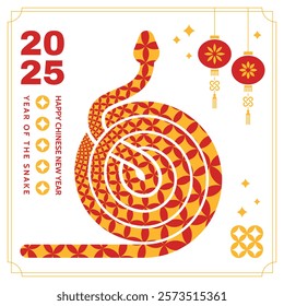 Happy Chinese New Year 2025, the Year of the Snake. Lunar New Year card design. Vector illustration.