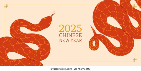 Happy chinese new year 2025 background with red snake. Hand drawn vector illustration.