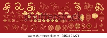 Happy Chinese New Year 2025 Icons vector set. Lanterns, snake, firework, corner, pattern, cloud, coin, flower isolated icons of Asian Lunar New Year holiday decoration vector.