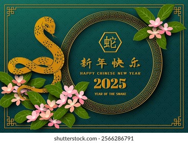 Happy Chinese new year 2025,Snake zodiac sign with flowers on asian style,Chinese translate mean Happy new year 2025,Year of the snake,vector illustration